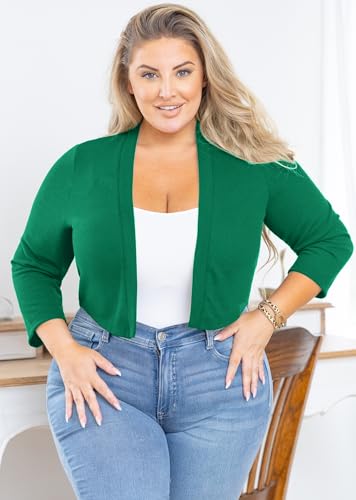AusLook Plus Size Cardigan for Women Lightweight Shrug Open Front Knit 3/4 Sleeve Green 3X Cropped Bolero Sweater Clothes Coat Top for Summer Evening dresses — view 2