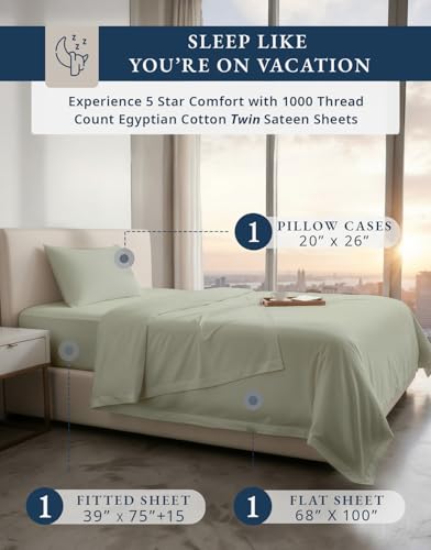 Image of LANE LINEN Extra Long Twin Sheets for Dorm Room Sateen Weave - Mineral | Twin Size Sheet Set - 3-Piece Set, 15 inch Deep-Pocket Snug Fit, 1000 Thread Count, Cozy For Cabins And Camp, Cozy Feel