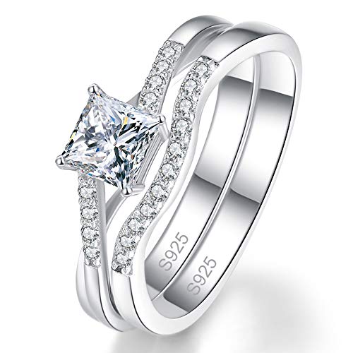 AVECON Engagement Wedding Ring Set for Women 925 Sterling Silver Princess Cut 1.25 Carat White AAA Cubic Zirconia Size 8