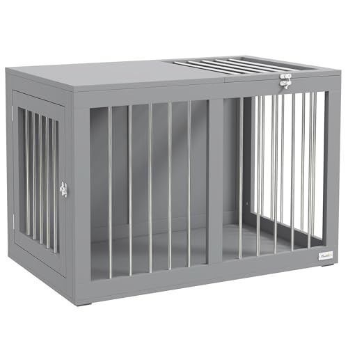 PawHut Hundekäfig für Zuhause, Hundehütte, Haustierkäfig für mittelgroße Hunde, Hundebox mit Türen, Hundehaus, Transportkäfig, Grau, 80 x 50 x 56,5 cm