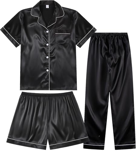 TinyChoice 3 Piece Silk Satin Pajama Set for Women, Short Sleeve Top with Shorts & Pants - Plus Size Soft Sleepwear,Black,M