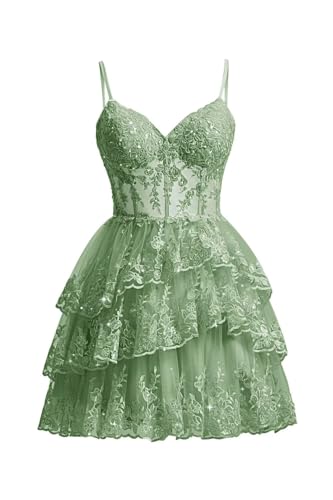 Wchecalino Sparkly Tiered Lace Tulle Homecoming Dresses Short 2025 Spaghetti Straps Formal Corset Party Gowns