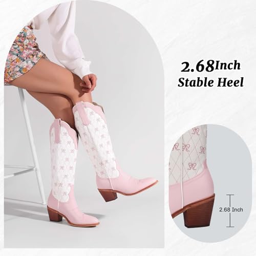 Image of Lace Up Cowboy Boots for Women Embroidered Wide Calf Cowgirl Boots Comfortable Chunky Heel Pointed Toe Trendy Western Shoes for Prom Music Festival