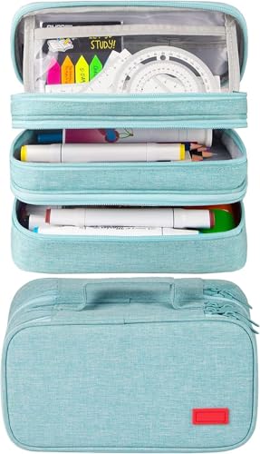 Image of Large Capacity Canvas Pencil Case With 3 Compartments - Light Blue | Portable Canvas Stationery Organizer With Double Zippers, Simple for College, School, Office, Girl, Boy, Men, Women, Adult
