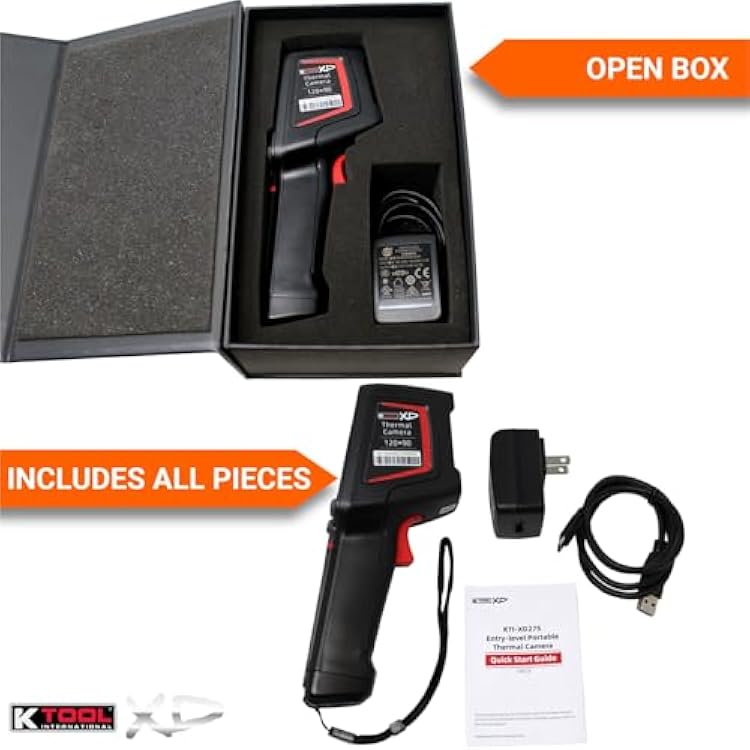 K Tool International XD275 Thermal Image Camera for Garages, Repair Shops and DIY, 2.4 LCD Display, 4F to 752F Temperature Range, Multiple Color Palettes, 16GB microSD Card, USB-C Cable, Wrist Strap