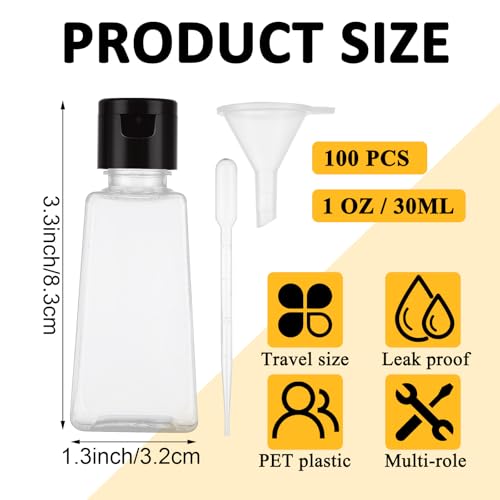 100 Pack 1 oz Plastic Empty Travel Bottles with Flip Cap, Refillable Hand Sanitizer Bottle, Clear Portable Containers with Lids for Shampoo, Creams, Body Lotions2