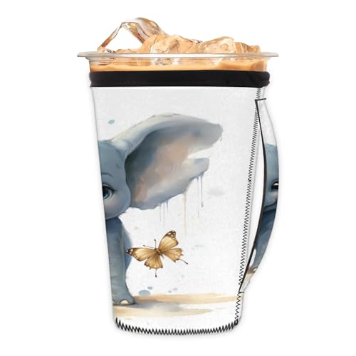 Elephant Butterfly Reusable Neoprene Coffee Sleeve with Handle Insulated Iced Coffee Cup Holder Reduces Condensation Fits 24-28 oz Cups M