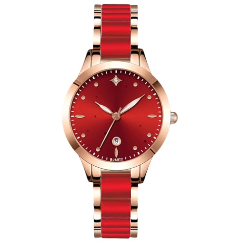 rorios Damen Edelstahl Armbanduhren Quarzwerk Uhr Classics Kleider Damenuhren Keramik Armband Uhren Leuchtend Analog für Uhr Frauen Rot B