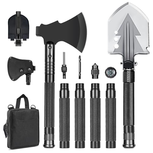 GOJAWAY Kit de supervivencia multiherramienta 16 en 1, pala de camping, hacha militar, pala plegable de 40 pulgadas con bolsa portátil y hacha, para herramienta de emergencia de coche