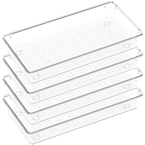 Lifewit Cutlery Drawer Organiser, 4-pack Clear Utensil Tray for Kitchen Drawer, Stackable Plastic Flatware and Silverware Storage Insert Box Divider for Spoons Forks Knives Tools, 14.6 x 29.6 CM