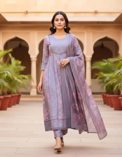 Image of Pure Cotton Anarkali Kurta Set for Women with Dupatta | 3 Piece Cotton Anarkali Suit | Floral Aari Work | Flared Ethnic Wear