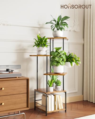 Image of Homsorout Plant Stand Indoor - 5-Tier Metal Plant Shelf with Hanging Basket Hook, Corner Tall Flower Holder for Multiple Plants, Living Room Balcony Garden Patio, Rustic Brown