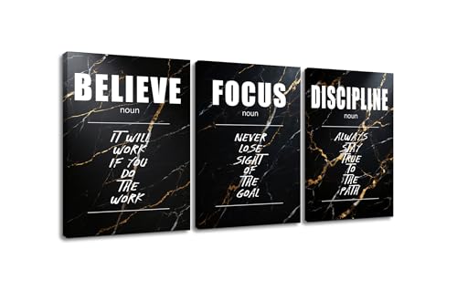 YSPCSUN 3 Piece Motivational Wall Art Canvas Office Decor Modern Believe Focus Discipline Quotes Posters Framed Marble Texture Inspirational Artworks for Study Home Workspace, 36" x 16"