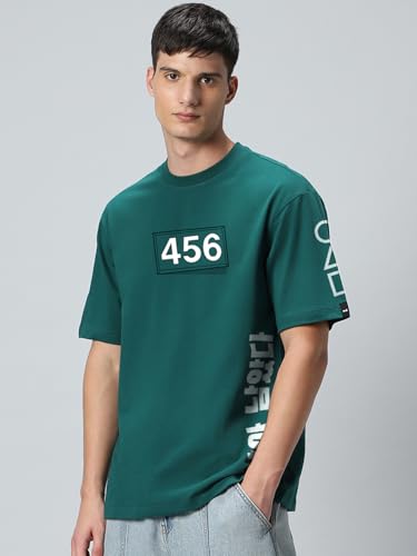 Image of Bewakoof X Squid Game Men's Cotton Graphic Print Oversized Fit Half Sleeve Round Neck T-Shirt | Casual Wear | Street Wear | Oversized t Shirt for Men Cotton | Baggy
