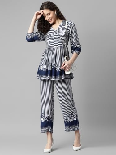 Image of DEEBACO Women's Stripes Print Rayon Top & Pants Co Ord Set for Women V Neck 3 /4 Puff Sleeve Ladies Party Casual Wear Fashionable for Girls Loose Fit Cord Set (DBCOMR00000980 M Multicolor)