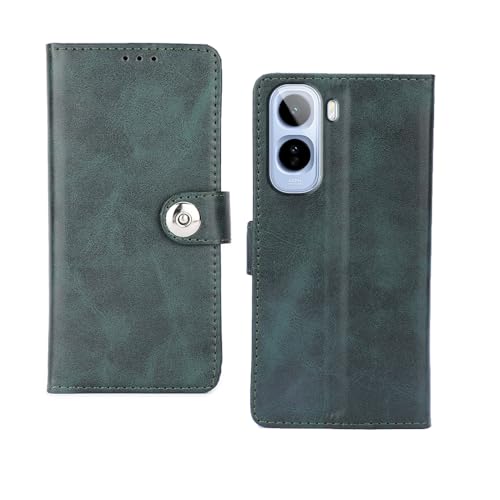 Image of amazon basics Vivo T5 Pro 5G Flip Cover | Card Pockets Wallet & Stand | Flip Cover for Vivo T5 Pro 5G (Green Button)