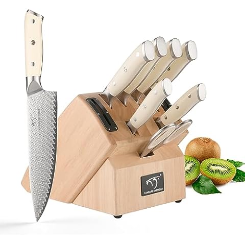 NANFANG BROTHERS Damascus Knife Sets, 10 Pieces for Kitchen with Block, Kitchen Knife Set with Block, ABS Ergonomic Handle for Chef Knife Set and Kitchen Shear Cover