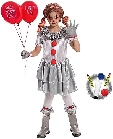 Clown Costume for Girls Halloween Scary Dress up Party, Makeup Kit Red Nose Included