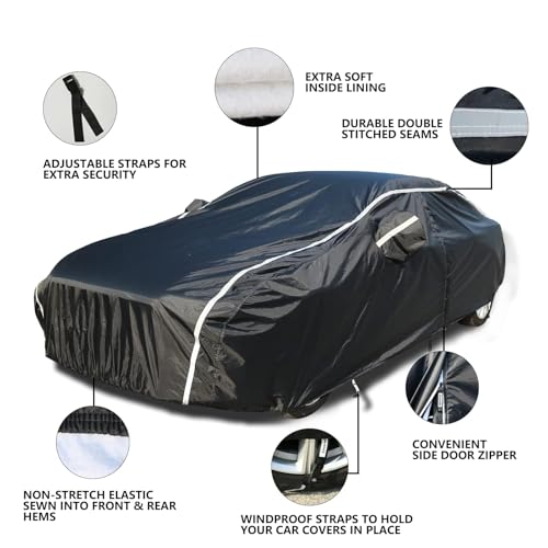 Image of Tecoom Waterproof All Weather Car Cover, Cotton Lined Hail Protector with Zipper Door, UV Sun Snow Wind Protection, Universal Fit for Sedan 201-210 Inches