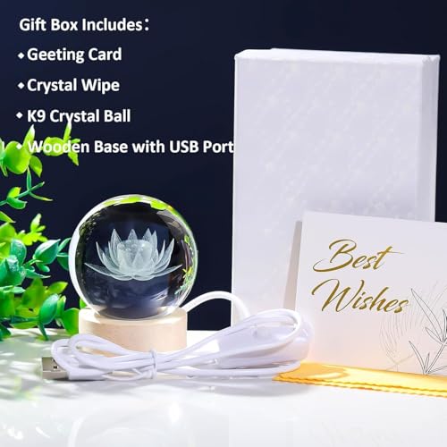 Image of 3D Crystal Ball LED Night Lamp with Wooden Base | Warm Light Bedside Table Lamp for Bedroom, Living Room, Kids Room, Study, Home Decoration & Gifting (Lotus)