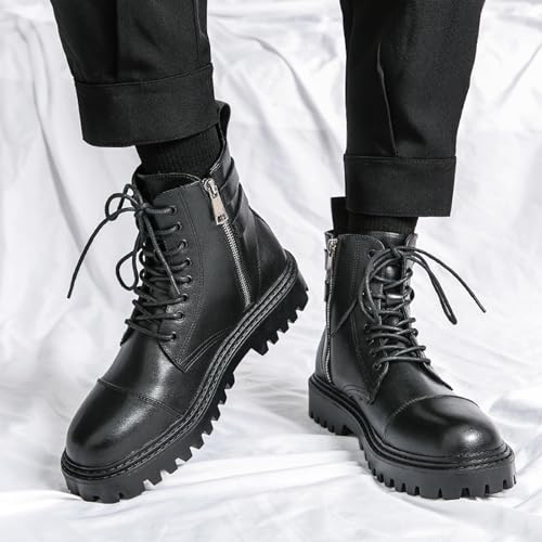 Men's Leather Platform Motorcycle Boots with Side Zipper Fashion Chunky Lug Sole Lace Up Combat Boots Casual Waterproof Biker Boots3
