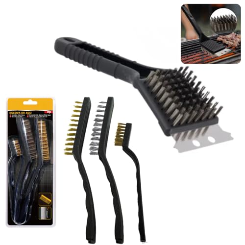 Kit Escova De Aço Para Limpar Grelha Churrasqueira Com Raspador +3 Conjunto Escova de Aço para Limpe