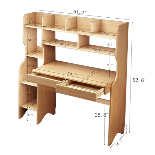 Image of Kids Desk＆Table with Shelves and Drawers Wooden Kids Media Desk Student Learning Computer Workstation and Writing Desk (Natural)