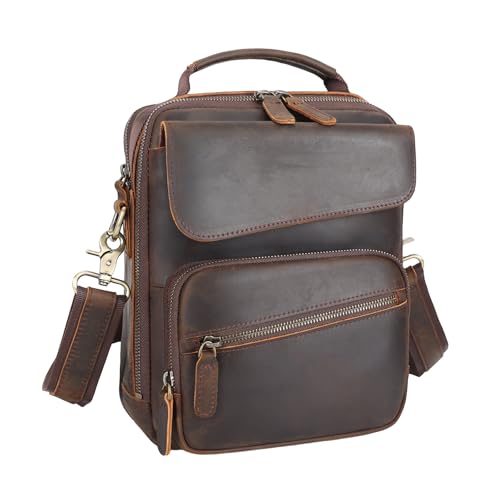 Masa Kawa Leather Messenger Shoulder Crossbody Bag for Men Fits 11 Inch Tablet, Small Flap Multi Pockets Daily Commuting Work Satchel Bags, Vintage Brown
