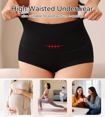 Image of Eiggam Underwear for Women Cotton High Waist Panties Full Coverage Briefs Soft Strech Ladies Breathable Panties-Multi Pack