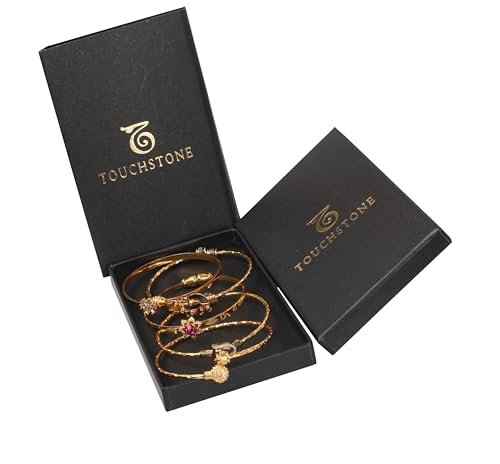 Image of Touchstone Indian Bollywood Handcrafted Engraved Etched Floral Round Rhinestones Cubic Zirconia CZ Designer Jewelry Openable Elegant Gold Plated Bracelets Combos for Women