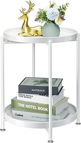 INDIAN DECOR 89205 Metal Side Table 2 Tier Removable Tray, Folding End Table Round Side Table Small Accent Table, Anti-Rust White Nightstand for Bedroom Balcony Patio (White)
