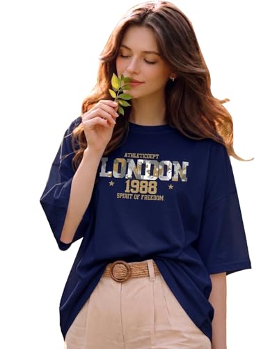 Image of Women's Typography Round Neck Cotton-Blend T-Shirts, Oversized Drop Shoulder Boho Style T-Shirt