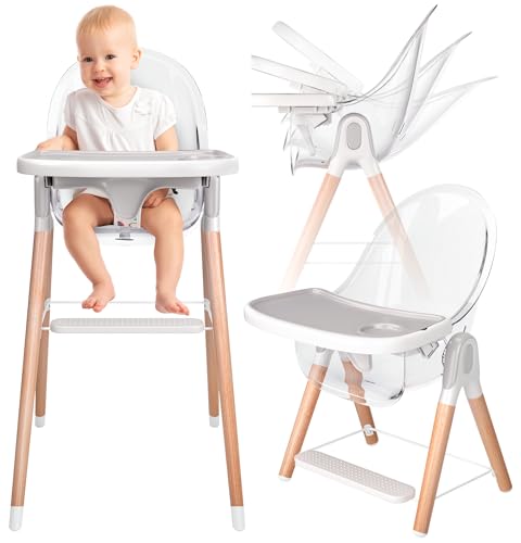 Children of Design 6 in 1 Deluxe Wooden High Chair for Babies & Toddlers, Modern Safe & Compact Baby Highchair, Easy to Clean & Assemble, Removable Tray, 6 Options 3 Seat Positions 2 Heights (Clear)