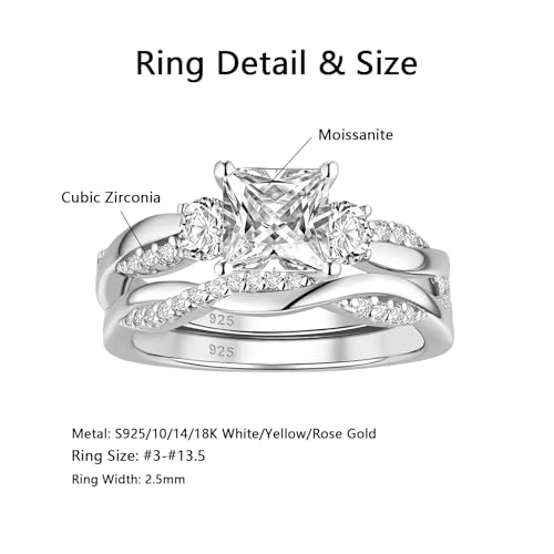 1 to 5 Carat Moissanite Ring Set S925/10K/14K/18K Gold, Princess Cut VVS1 Clarity D Color Moissanite Engagement Rings Set Luxury Bridal Jewelry Wedding Gifts for Women4