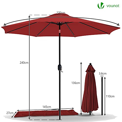 Vounot 2.7M Garden Parasol, Outdoor Table Tilting Patio Parasol Umbrella, With Crank Handle, Protective Cover, 8 Sturdy Ribs, Red - 6