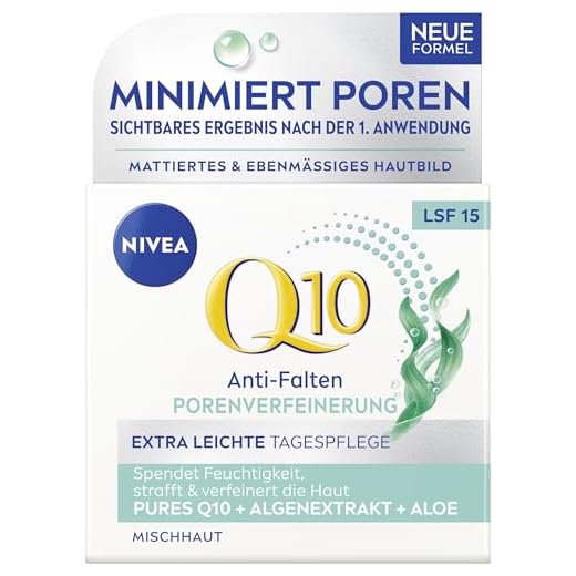 NIVEA Q10 Anti-rimpel poriënverfijning, extra lichte dagverzorging, verstevigende dagcrème met SPF 15, gezichtsverzorging voor gemengde huid met Q10, algenextract en aloë (50 ml)