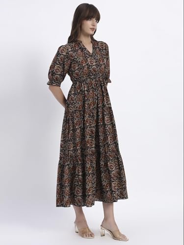 Image of Women's Fit and Flare Dress I Pure Cotton Long Summer Maxi Dress I V-Neck I Casual Wear I Printed Kalamkari Floral Middi