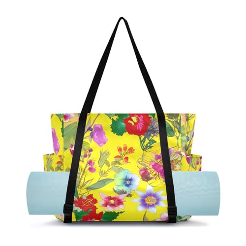 Lxqimora Colorful Flowers Yellow Yoga Mat Bag for Women Water-Resistant Gym Bag with Yoga Mat Holder Tote Bag for Office Travel Yoga Pilates