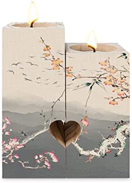 Oriental Ink Painting Candle Tealight Holders,Gifts for Him,Her,Kids,Women,Men - Heart Decorative Wood Candle Holder with Tea Lights,Wooden Candlestick Decor,Traditional Chinese Mountain Blossom