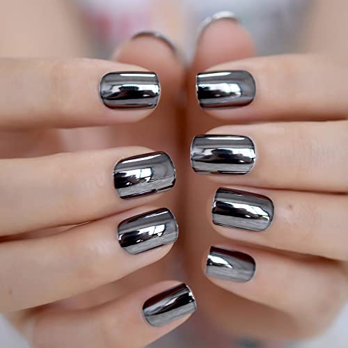 Ibeautying Press On Nails - Metallic Mirror Gray Black False Nails | Punk Metal Finish Short Reusable Fake Nails In 10 Sizes - 24 Nail Kit With Jelly Glue Pad #TOP1