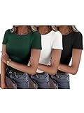 ANRABESS Women Short Sleeve Shirts Rib Knit Slim Fitted Summer Basic Tee Tops 2025 Underwear Outfits Clothes 3 Pack Black&White&Dark Green X-Large
