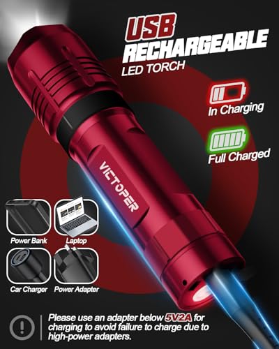 Image of Victoper Red Rechargeabe Flashlight 2 Pack, High Lumens 5 Modes LED Bright Tactical Flashlights, Waterproof Zoomable Flash Light for Outdoor, Gifts for Camping Essentials Gear