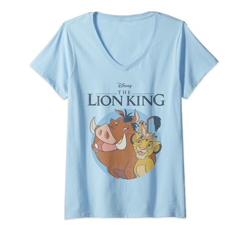T-shirt Roi Lion col V femme avec Timon, Pumbaa et Simba en coton pour un look Disney décontracté