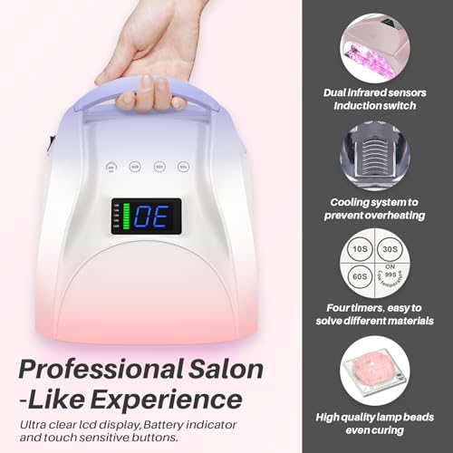 Image of 96W Cordless UV LED Nail Lamp, Periwinkle to Pink Gradient | 52 Beads Quick Dry with Remote | 4 Timer Settings & Auto Sensor | Rechargeable Gel Nail Light for Manicure Pedicure