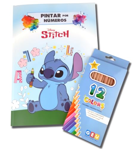Editorial GEU Stich | Libro Stitch | Libro Colorear Disney | Pintar Stitch | Dibujos para colorear Disney | Pintar Por Números - Incluye 12 Lápices de Colores