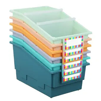6 Pack Picture Book Bins with Dividers for Classroom, Boho