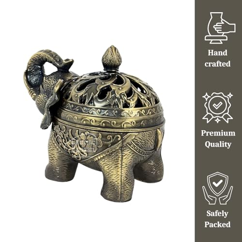 Image of Trunk Up Elephant Incense Burner Holder with Lid - Cone Incense Holder for Home Fragrance, Decorative Incense Burner for Meditation, Yoga, Temple, Living Room Decor