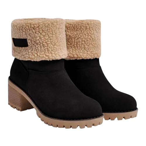 Womens Winter Boots with Fur Lined Chunky Heel Ankle Booties Warm Slip On Snow Boots Casual Waterproof Suede Shoes Comfortable Outdoor Booties