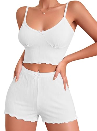 Image of Hilinker Womens Graphic Print Ribbed PJ Set Crop Cami Tops and Shorts Cute Pajamas Set