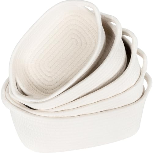 Image of MINTWOOD Design 5-Piece Small Decorative Woven Storage Baskets Set for Shelves, Bathroom, Pantry and Nightstand Organizer, Catch All Tray for Organizing Gifts, Dog and Cat Toys, Creamy White